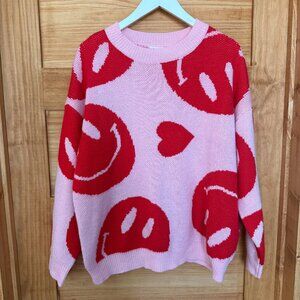 Main Strip Boutique Smiley Face Hearts Oversized Pink Red Sweater size S